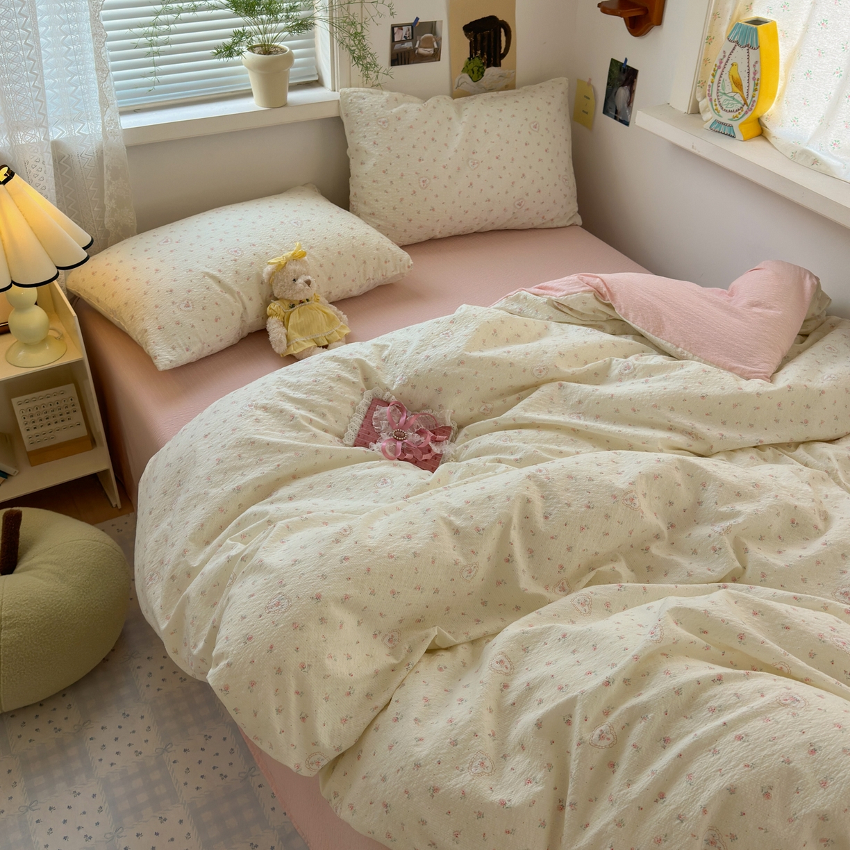 91家纺网 家纺一手货源 找家纺 奈颜 2026新款A类泡芙纱小碎花四件套学生宿舍三件套 兔崽花园