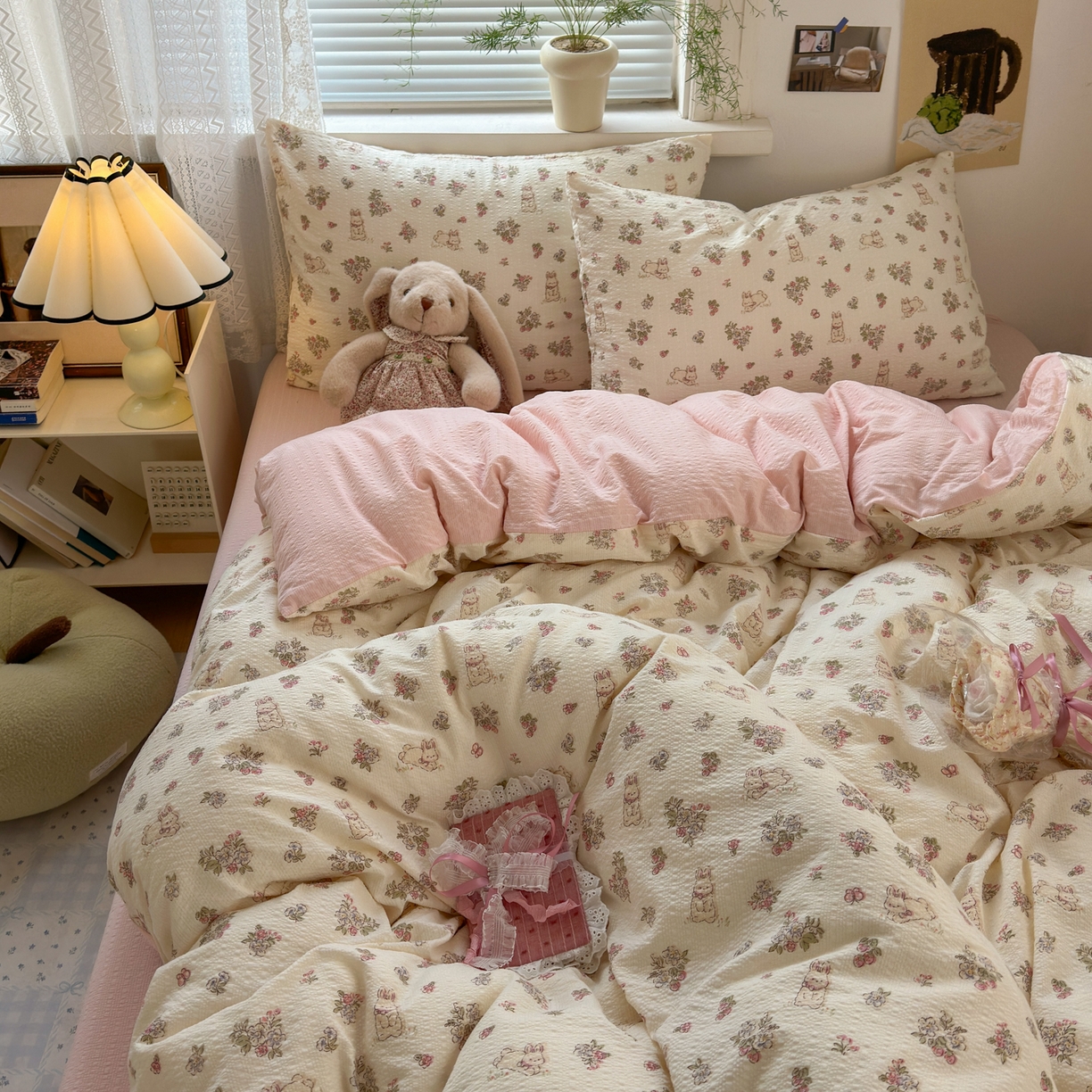 91家纺网 家纺一手货源 找家纺 奈颜 2026新款A类泡芙纱小碎花四件套学生宿舍三件套 春日甜甜