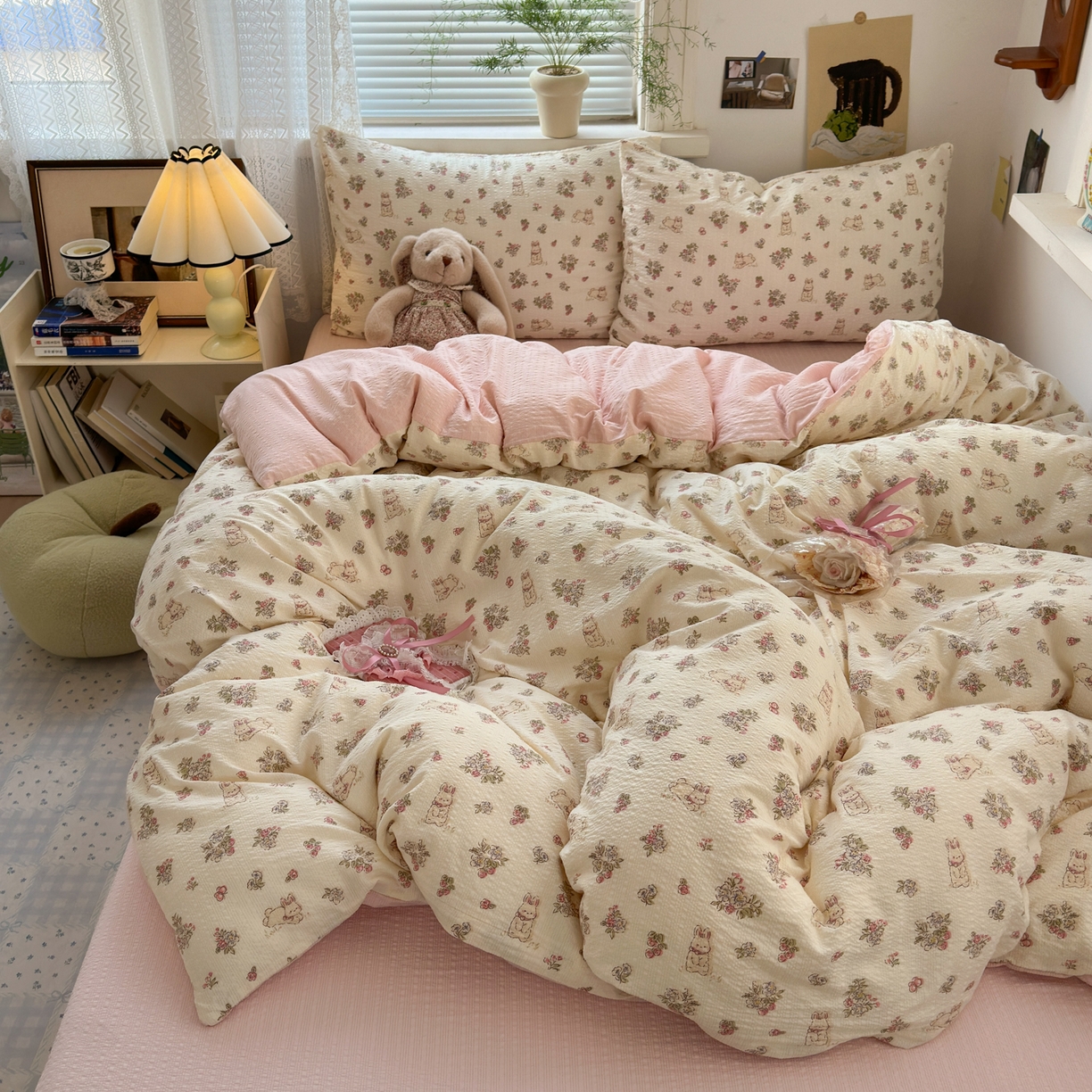 91家纺网 家纺一手货源 找家纺 奈颜 2026新款A类泡芙纱小碎花四件套学生宿舍三件套 春日甜甜