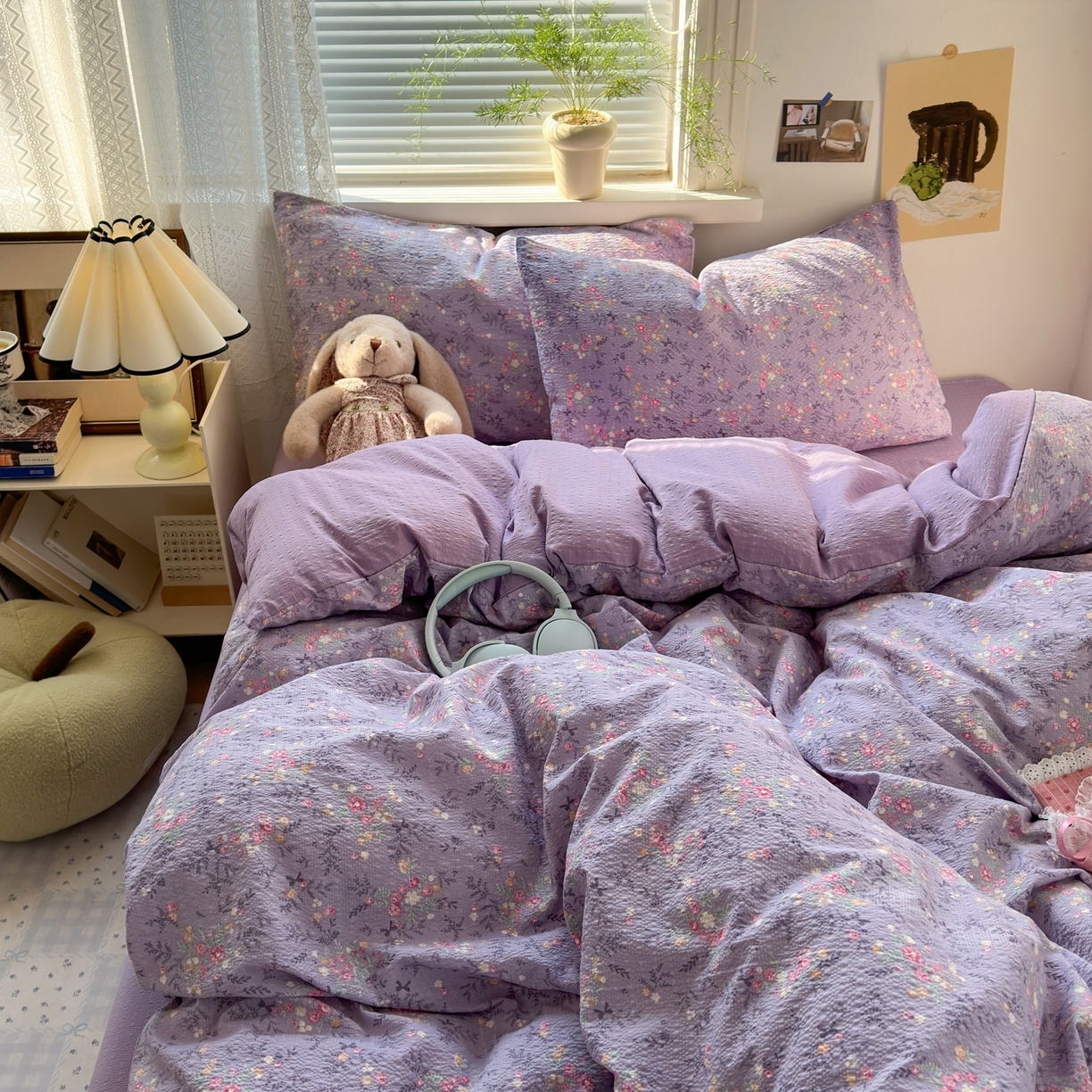 91家纺网 家纺一手货源 找家纺 奈颜 2026新款A类泡芙纱小碎花四件套学生宿舍三件套 松间茶事