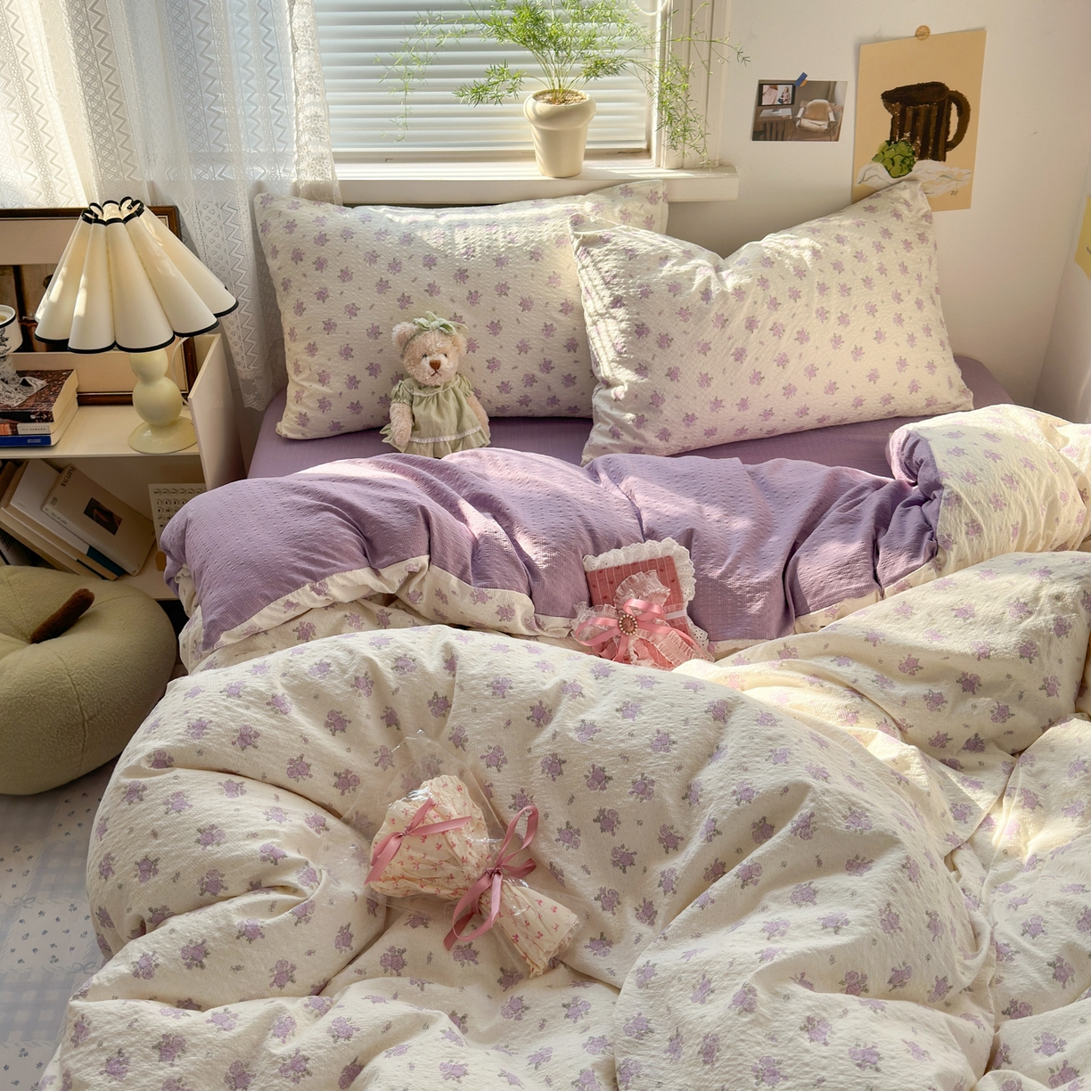 91家纺网 家纺一手货源 找家纺 奈颜 2026新款A类泡芙纱小碎花四件套学生宿舍三件套 芋泥花束