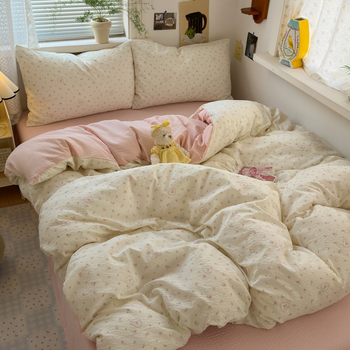 91家纺网 家纺一手货源 找家纺 奈颜 2026新款A类泡芙纱小碎花四件套学生宿舍三件套 兔崽花园