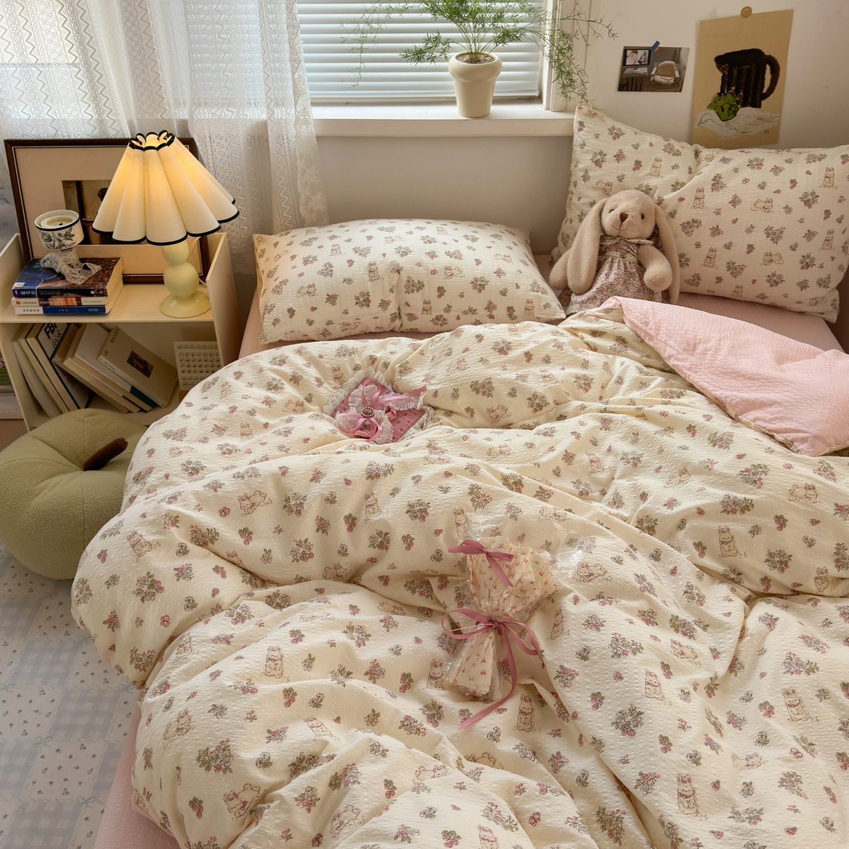 91家纺网 家纺一手货源 找家纺 奈颜 2026新款A类泡芙纱小碎花四件套学生宿舍三件套 春日甜甜