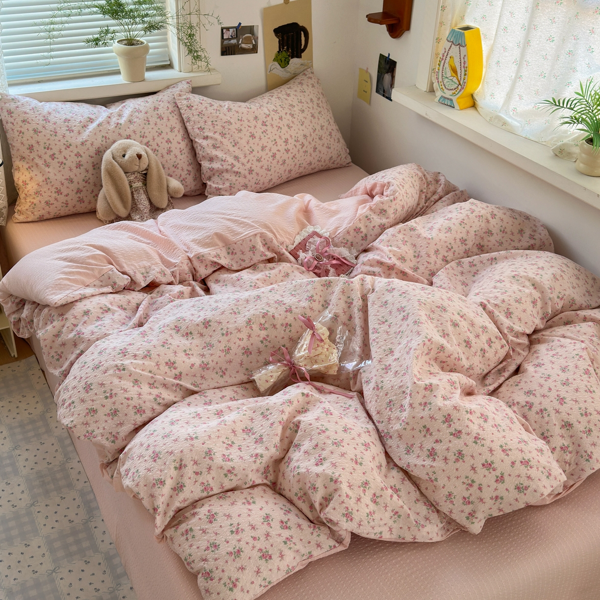 91家纺网 家纺一手货源 找家纺 奈颜 2026新款A类泡芙纱小碎花四件套学生宿舍三件套 花有花期