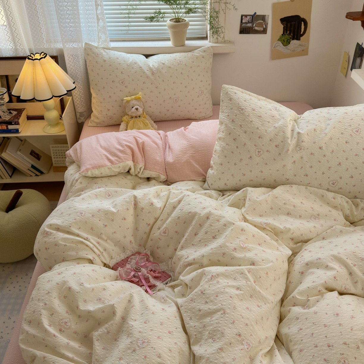 91家纺网 家纺一手货源 找家纺 奈颜 2026新款A类泡芙纱小碎花四件套学生宿舍三件套 兔崽花园