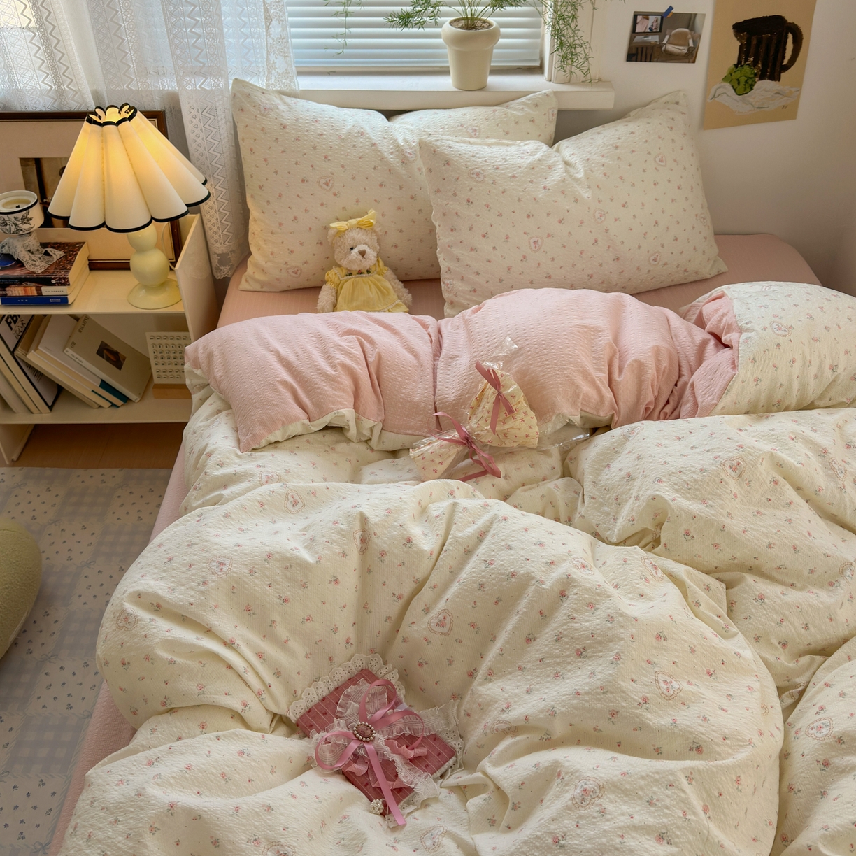 91家纺网 家纺一手货源 找家纺 奈颜 2026新款A类泡芙纱小碎花四件套学生宿舍三件套 兔崽花园