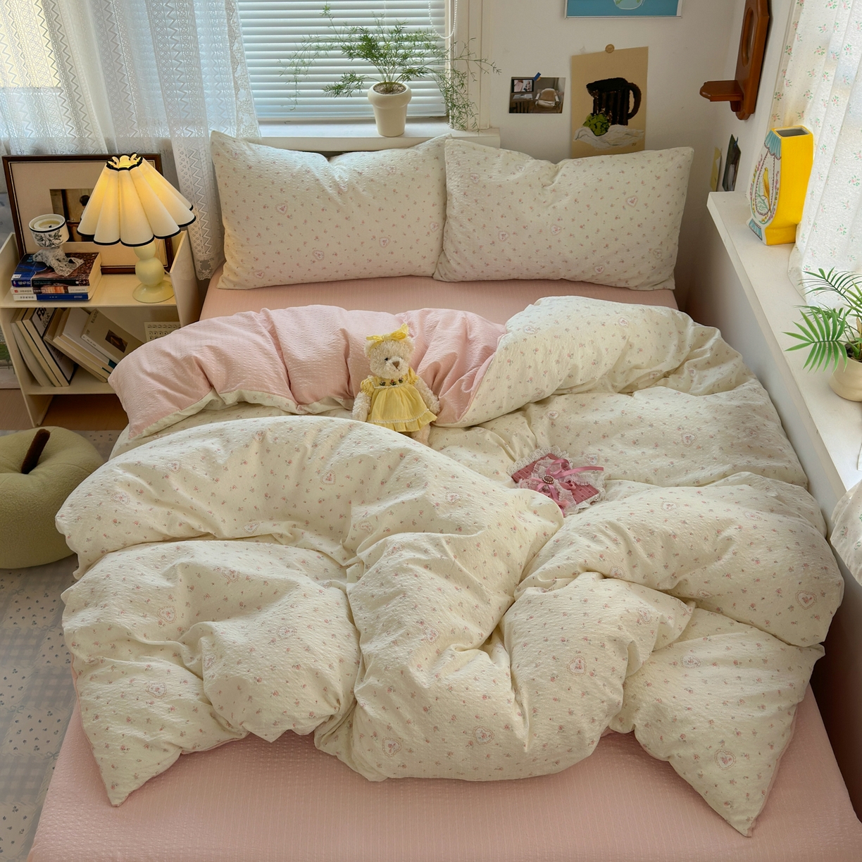 91家纺网 家纺一手货源 找家纺 奈颜 2026新款A类泡芙纱小碎花四件套学生宿舍三件套 兔崽花园