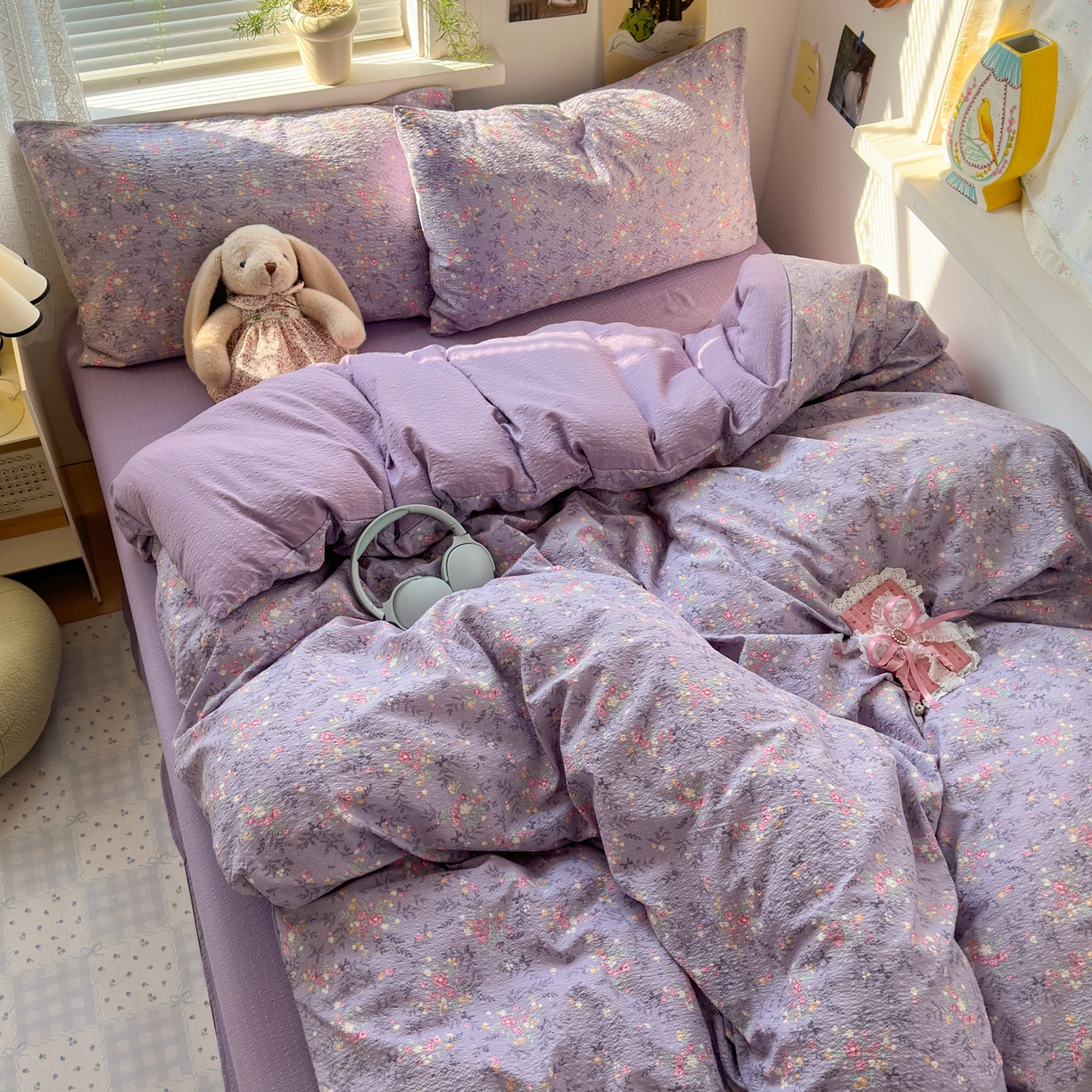 91家纺网 家纺一手货源 找家纺 奈颜 2026新款A类泡芙纱小碎花四件套学生宿舍三件套 松间茶事