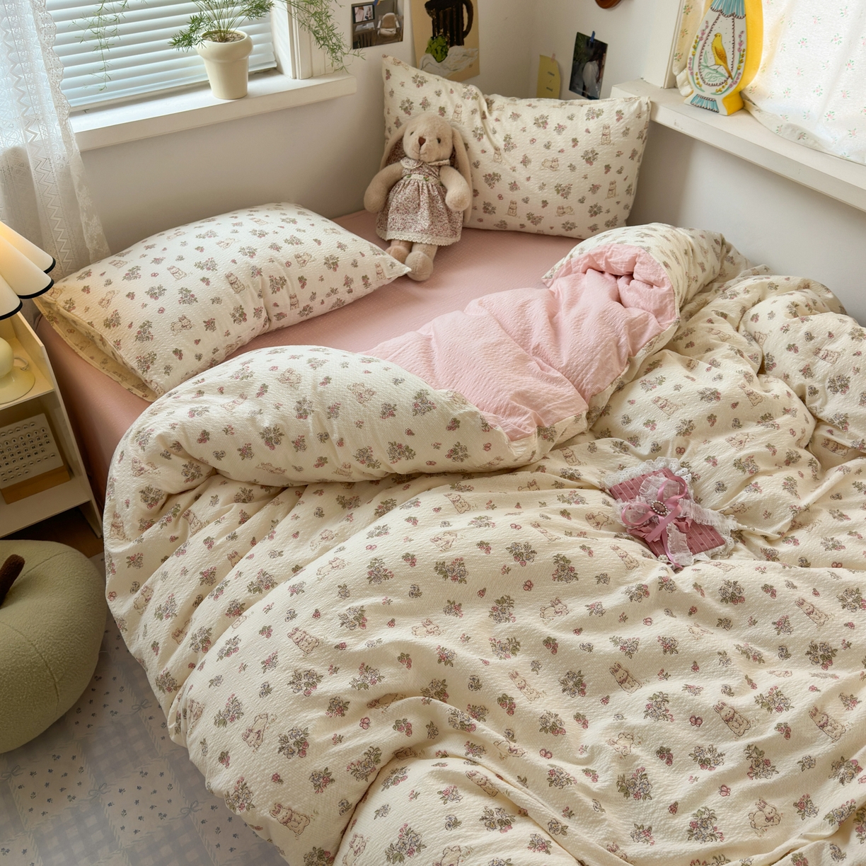 91家纺网 家纺一手货源 找家纺 奈颜 2026新款A类泡芙纱小碎花四件套学生宿舍三件套 春日甜甜