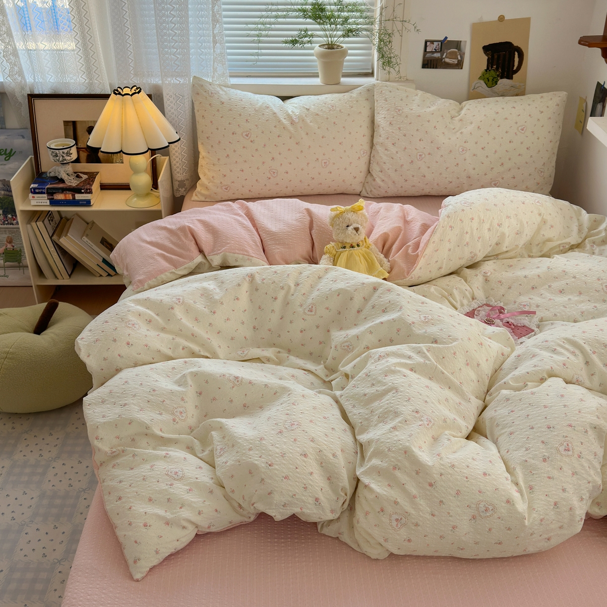 91家纺网 家纺一手货源 找家纺 奈颜 2026新款A类泡芙纱小碎花四件套学生宿舍三件套 兔崽花园