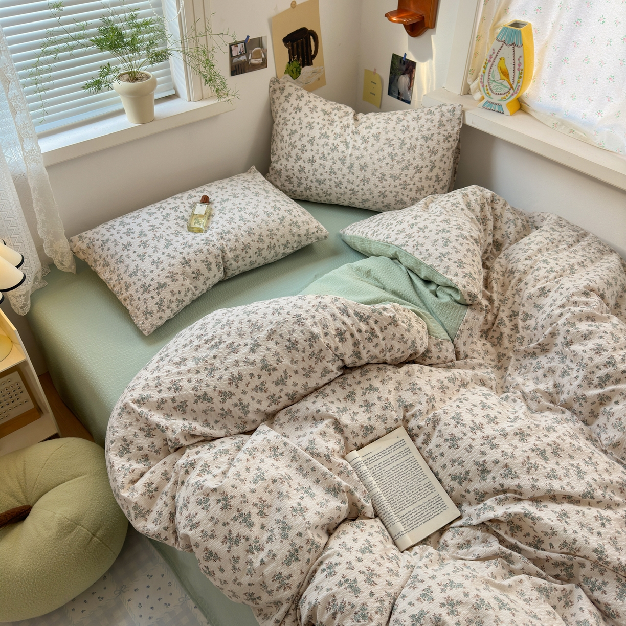 91家纺网 家纺一手货源 找家纺 奈颜 2026新款A类泡芙纱小碎花四件套学生宿舍三件套 柔华