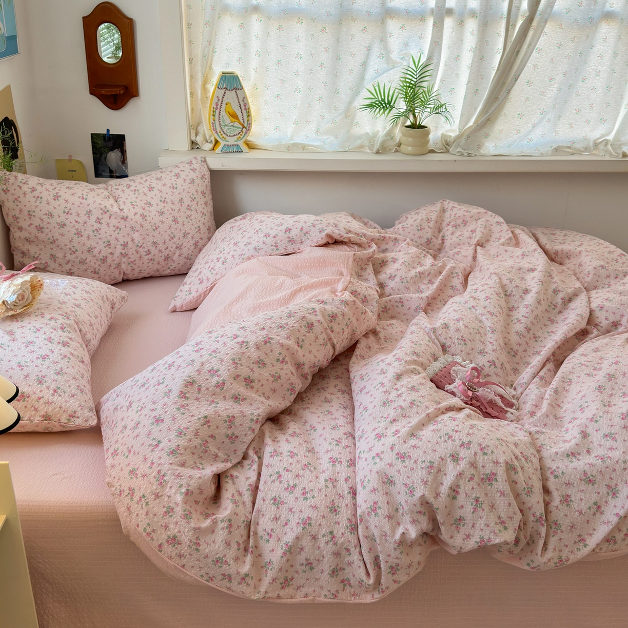 91家纺网 家纺一手货源 找家纺 奈颜 2026新款A类泡芙纱小碎花四件套学生宿舍三件套 花有花期