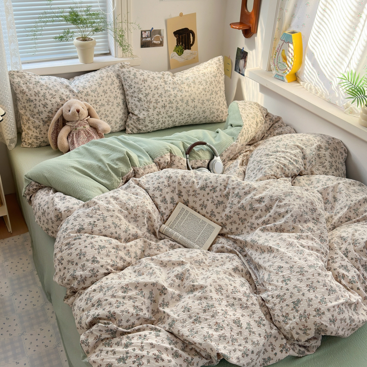 91家纺网 家纺一手货源 找家纺 奈颜 2026新款A类泡芙纱小碎花四件套学生宿舍三件套 柔华