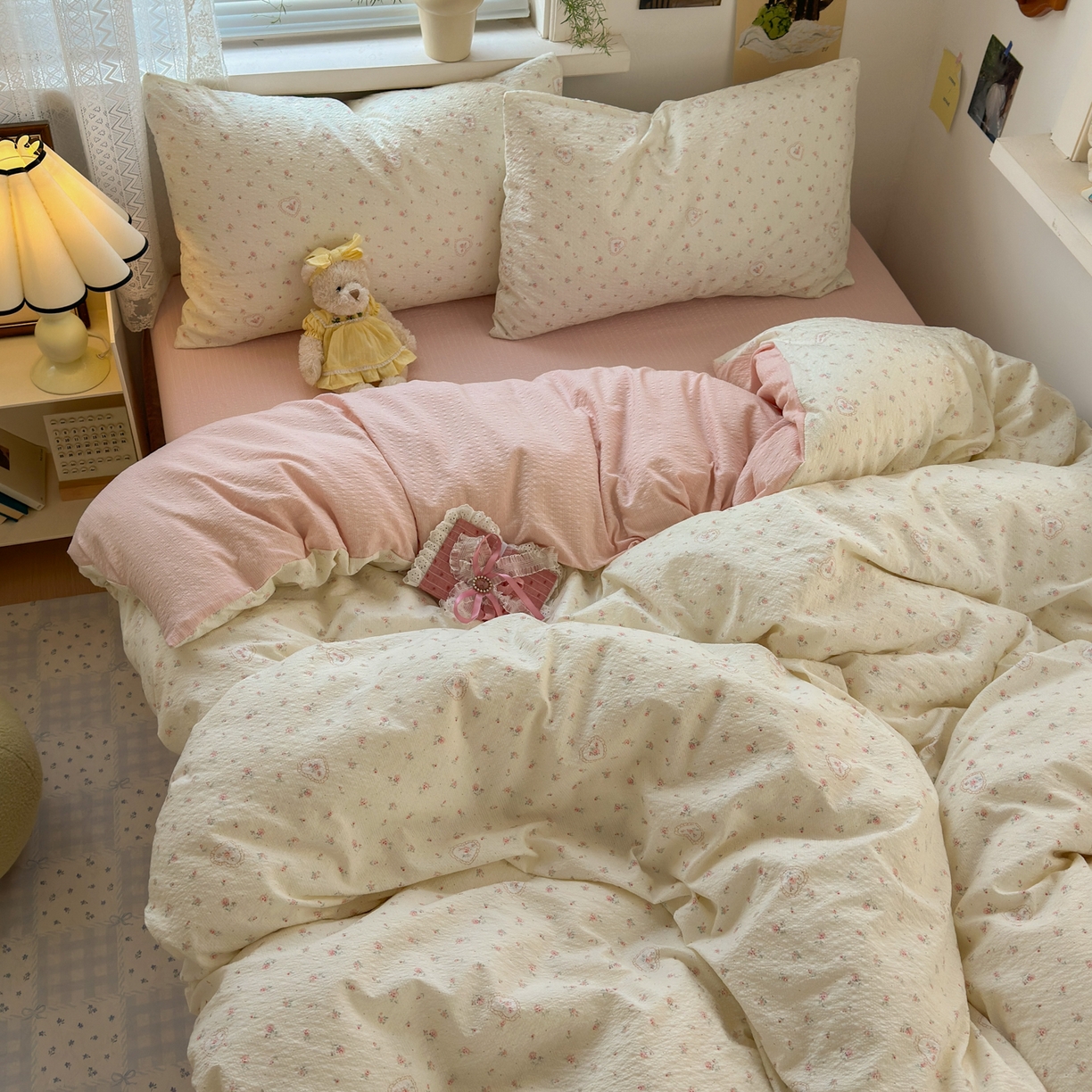 91家纺网 家纺一手货源 找家纺 奈颜 2026新款A类泡芙纱小碎花四件套学生宿舍三件套 兔崽花园