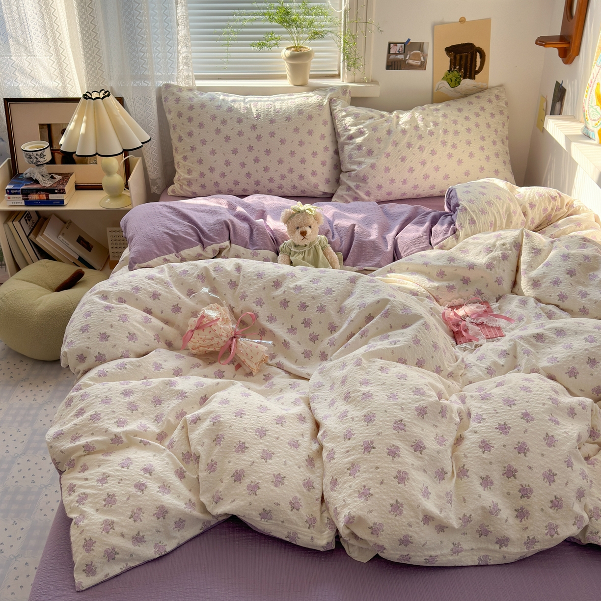 91家纺网 家纺一手货源 找家纺 奈颜 2026新款A类泡芙纱小碎花四件套学生宿舍三件套 芋泥花束