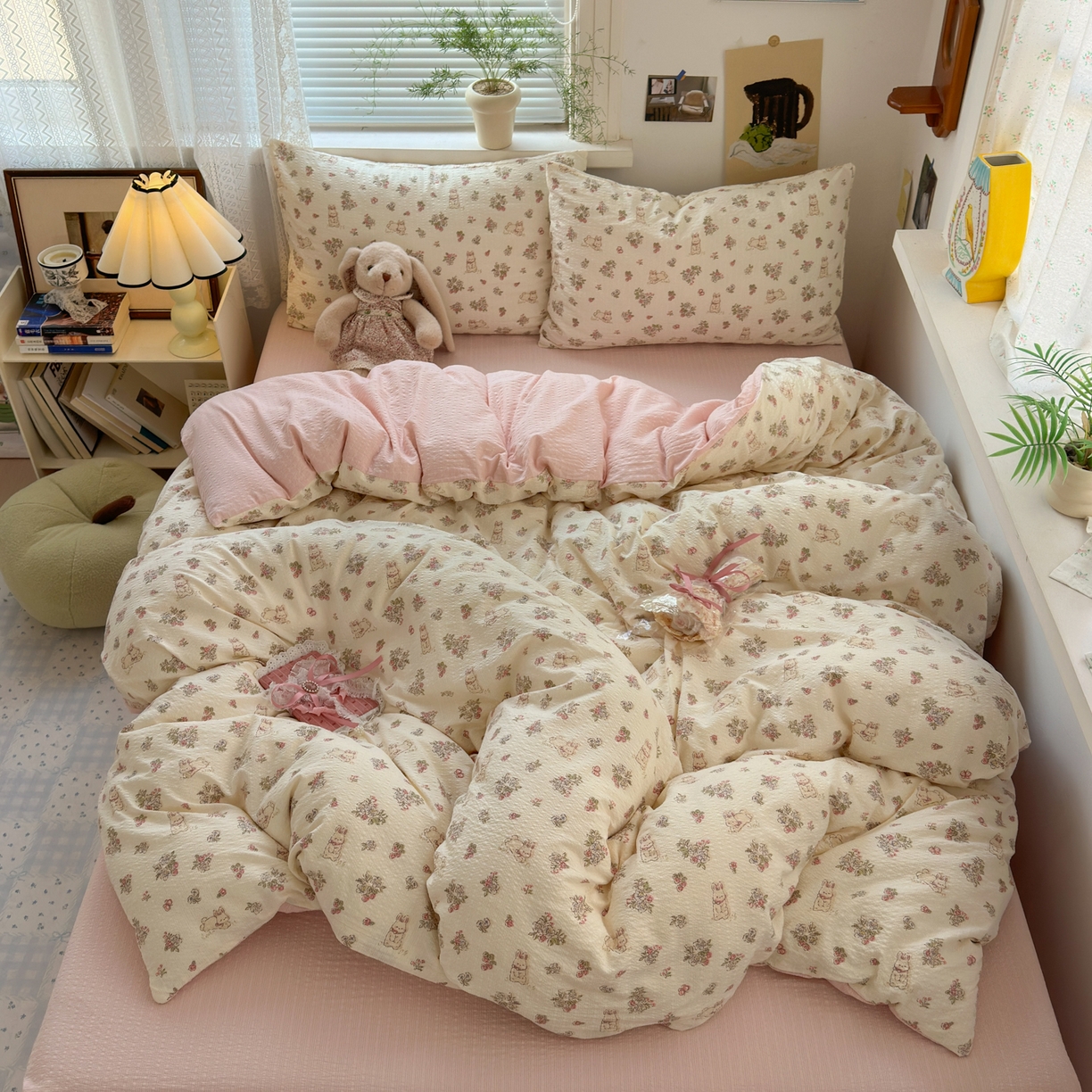 91家纺网 家纺一手货源 找家纺 奈颜 2026新款A类泡芙纱小碎花四件套学生宿舍三件套 春日甜甜