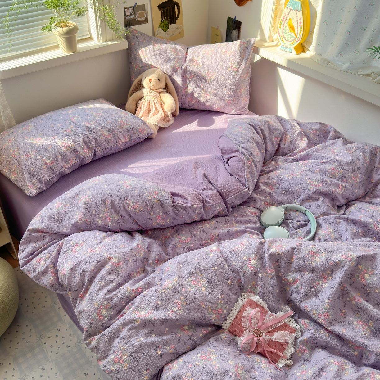 91家纺网 家纺一手货源 找家纺 奈颜 2026新款A类泡芙纱小碎花四件套学生宿舍三件套 松间茶事