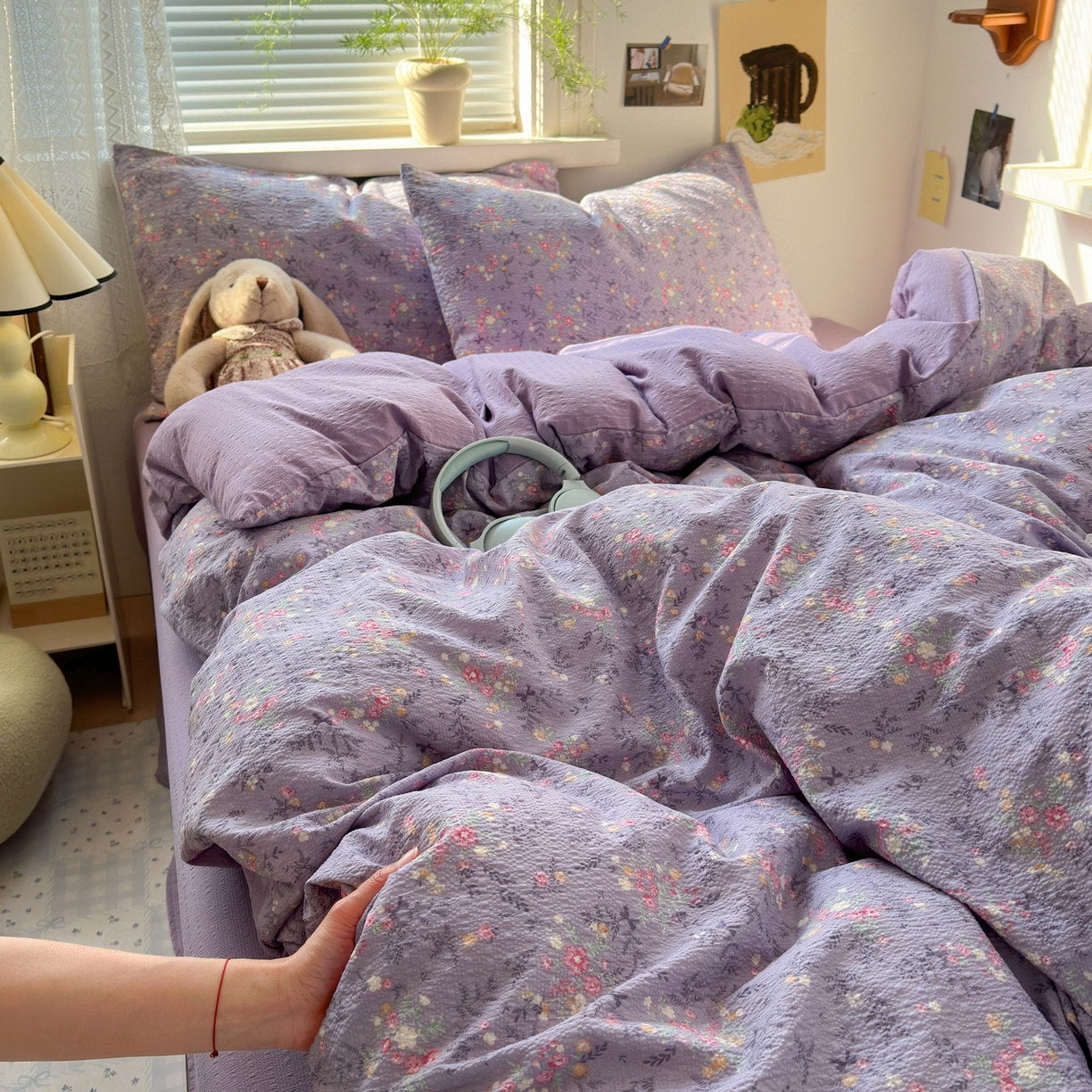 91家纺网 家纺一手货源 找家纺 奈颜 2026新款A类泡芙纱小碎花四件套学生宿舍三件套 松间茶事