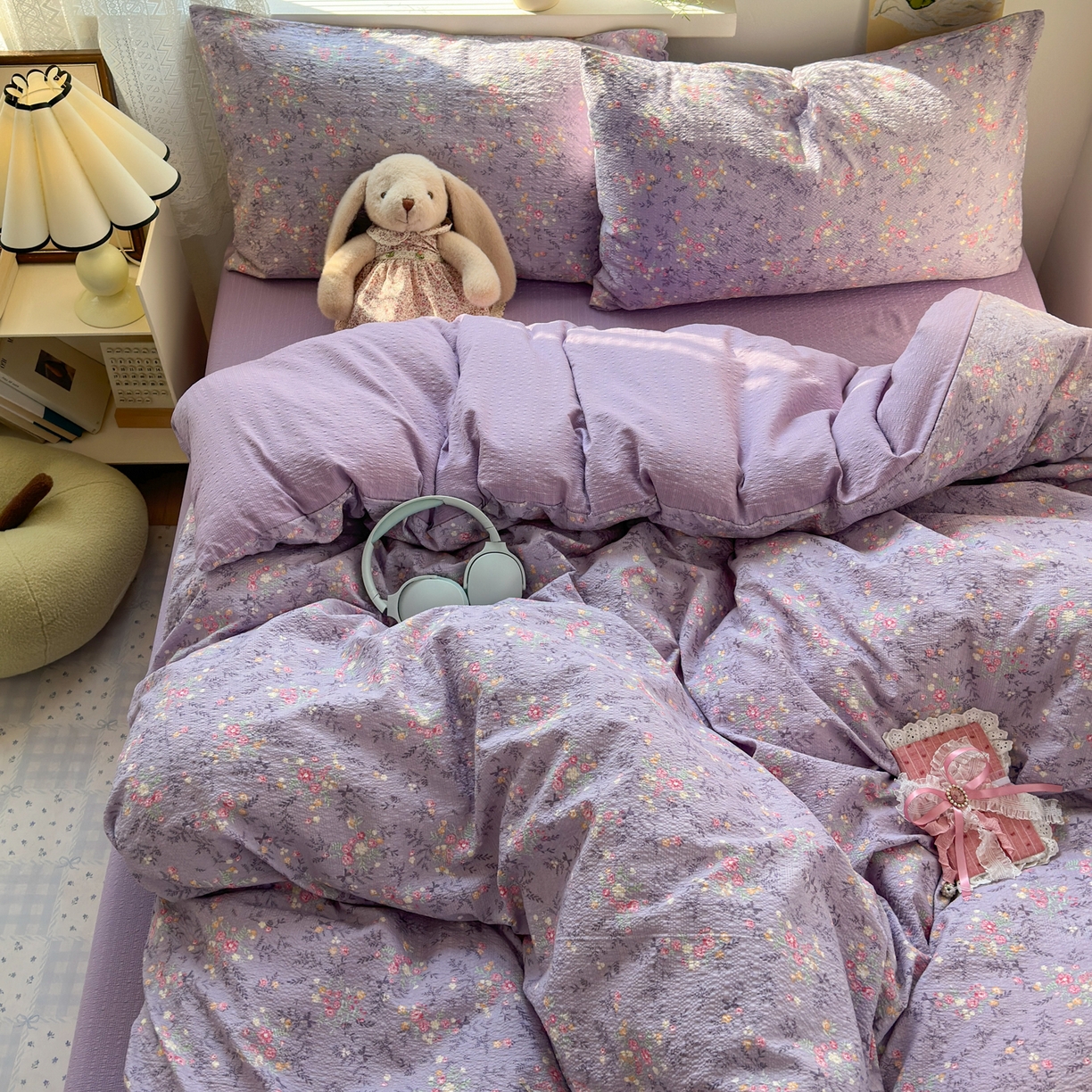 91家纺网 家纺一手货源 找家纺 奈颜 2026新款A类泡芙纱小碎花四件套学生宿舍三件套 松间茶事