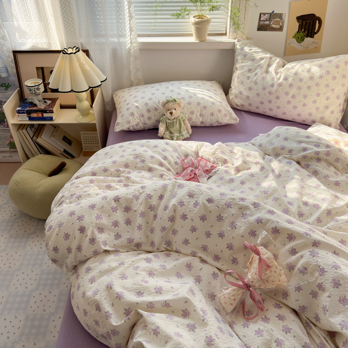 91家纺网 家纺一手货源 找家纺 奈颜 2026新款A类泡芙纱小碎花四件套学生宿舍三件套 芋泥花束