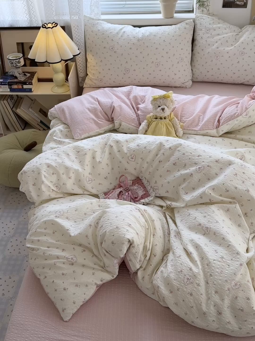 91家纺网 家纺一手货源 找家纺 奈颜 2026新款A类泡芙纱小碎花四件套学生宿舍三件套 兔崽花园