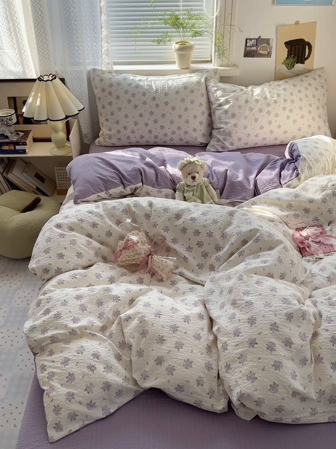 91家纺网 家纺一手货源 找家纺 奈颜 2026新款A类泡芙纱小碎花四件套学生宿舍三件套 芋泥花束