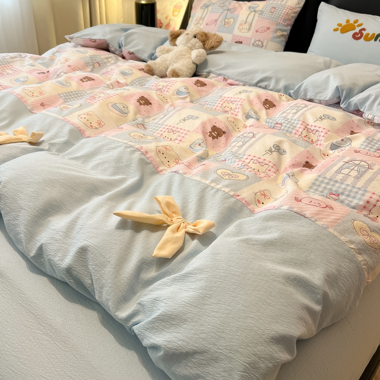 91家纺网 家纺一手货源 找家纺 （总）子钦家纺 2026新款公主风提花泡芙棉拼接刺绣毛巾绣蝴蝶结四件套