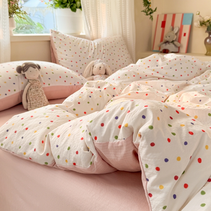 91家纺网 家纺一手货源 找家纺 丽美人家纺 2026新款A类皱皱纱双层印花单被套 BT彩色波点