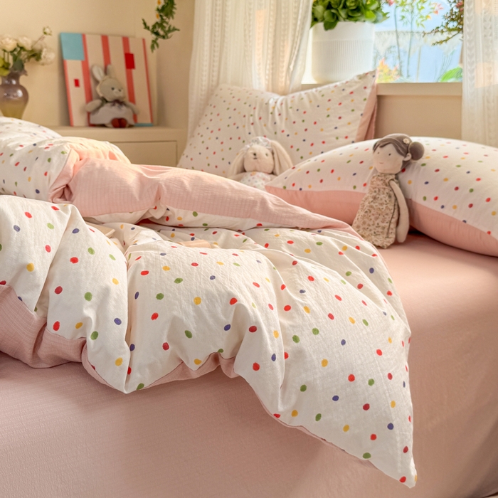 91家纺网 家纺一手货源 找家纺 丽美人家纺 2026新款A类皱皱纱双层印花单被套 BT彩色波点