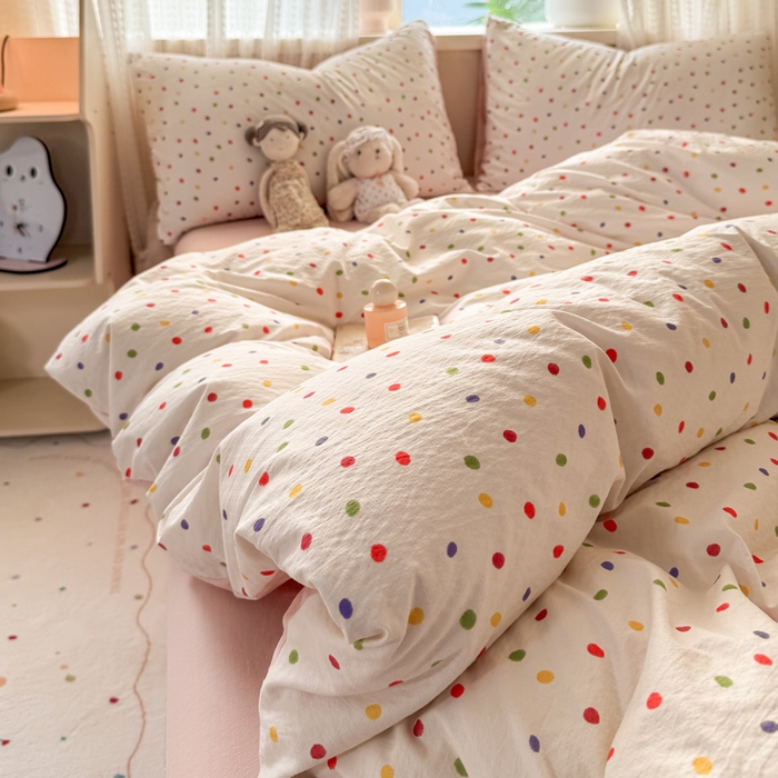 91家纺网 家纺一手货源 找家纺 丽美人家纺 2026新款A类皱皱纱双层印花单被套 BT彩色波点