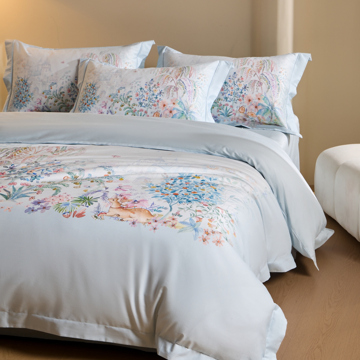 禾时 2026新款全棉纯棉数码印花埋绳款四件套 春蔓樱（蓝）