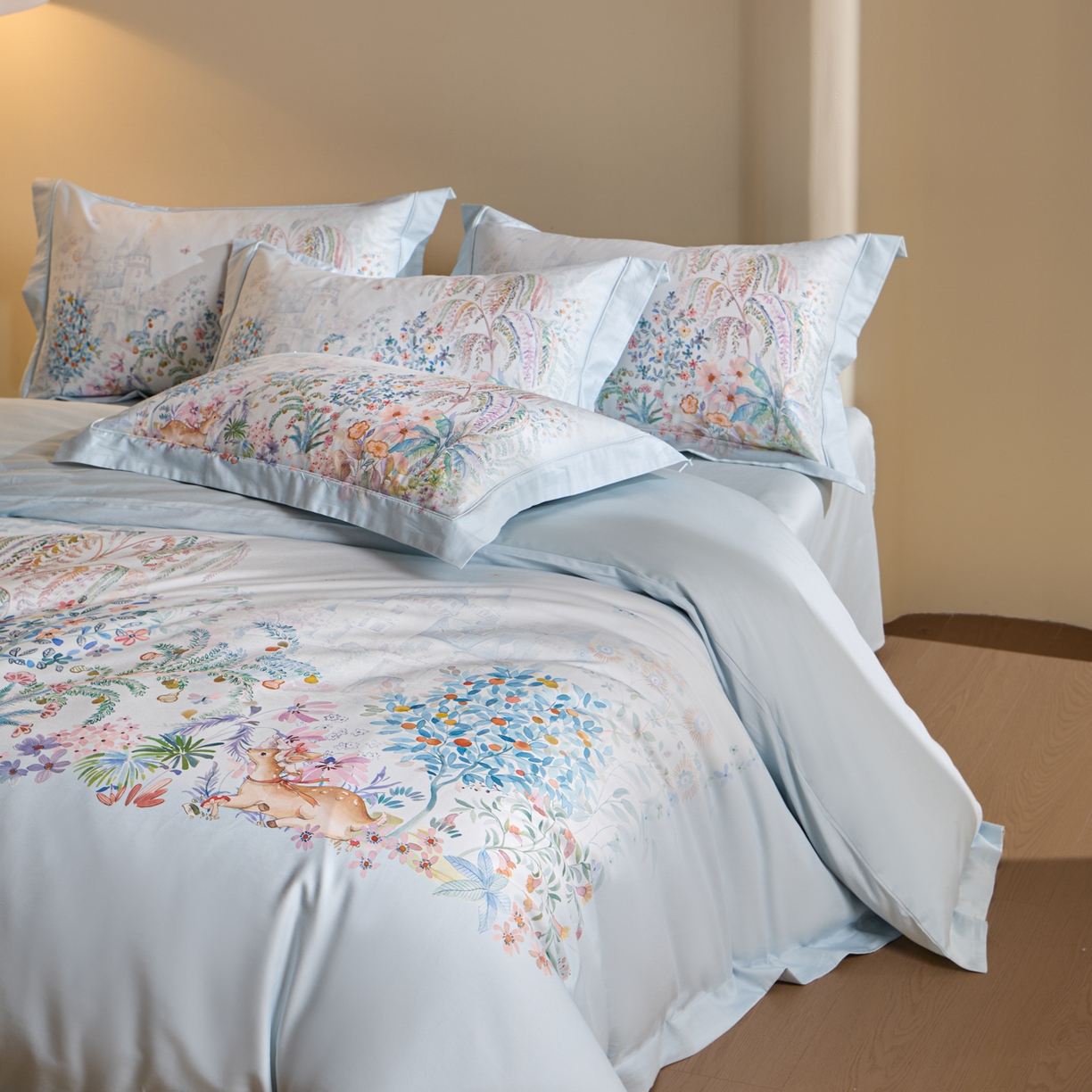 91家纺网 家纺一手货源 找家纺 禾时 2026新款全棉纯棉数码印花埋绳款四件套 春蔓樱（蓝）