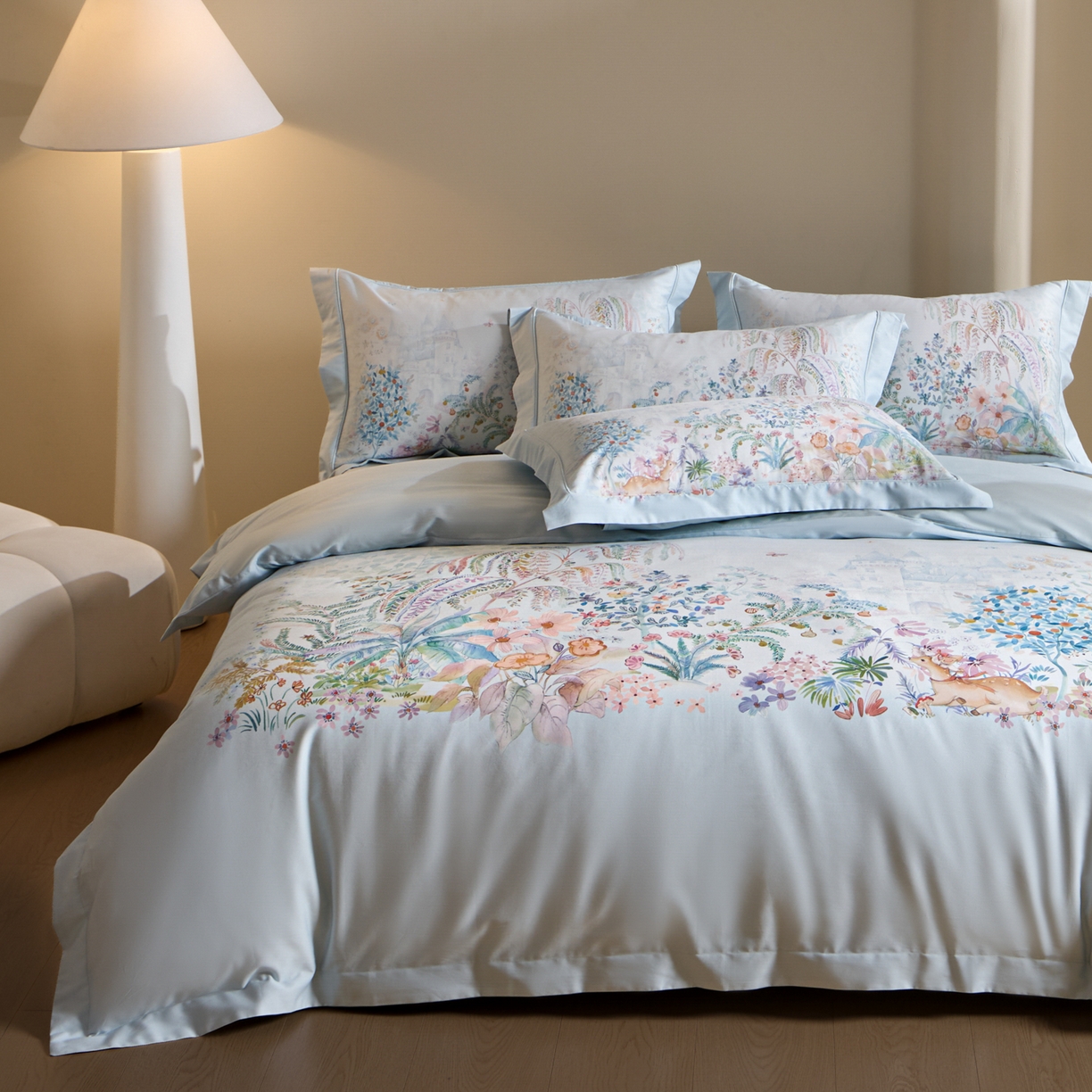 91家纺网 家纺一手货源 找家纺 禾时 2026新款全棉纯棉数码印花埋绳款四件套 春蔓樱（蓝）