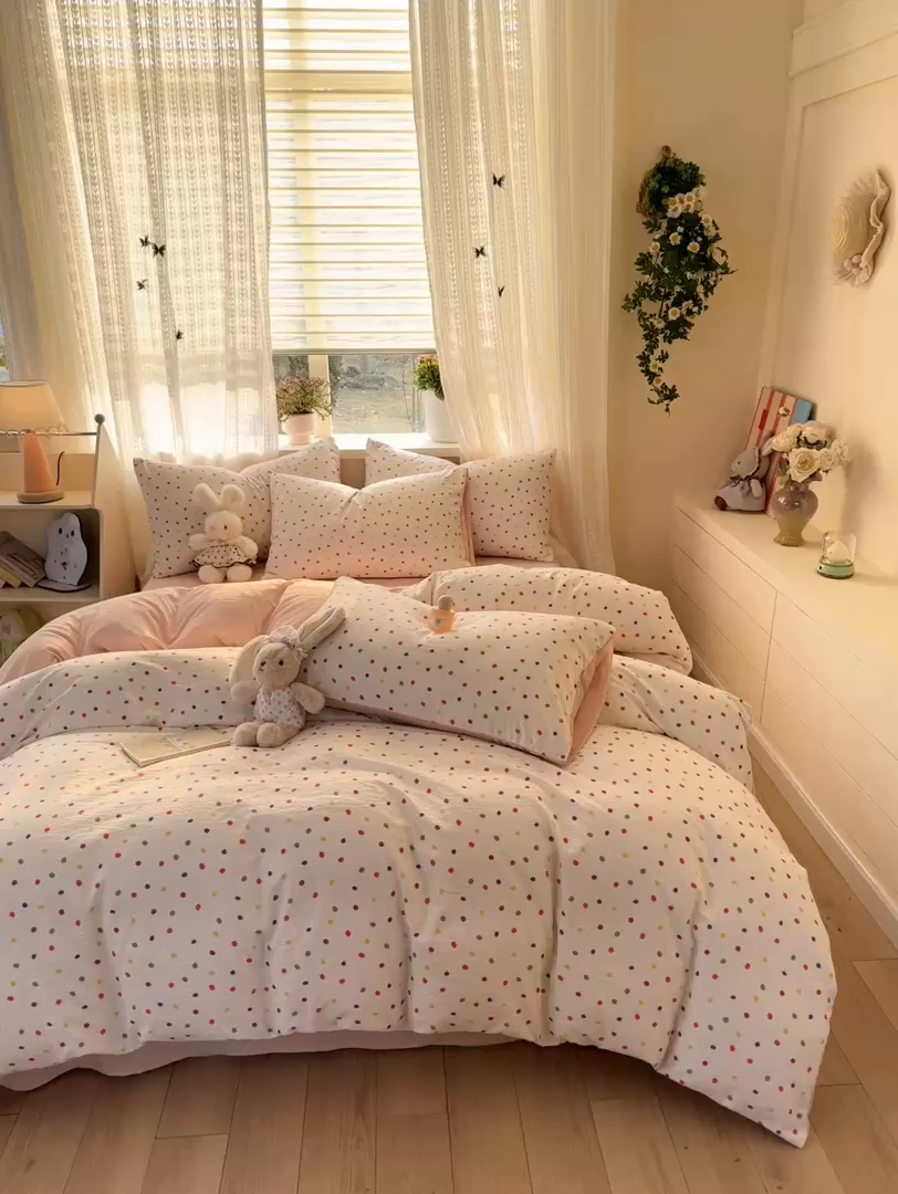 91家纺网 家纺一手货源 找家纺 丽美人家纺 2026新款A类皱皱纱双层印花单被套 BT彩色波点