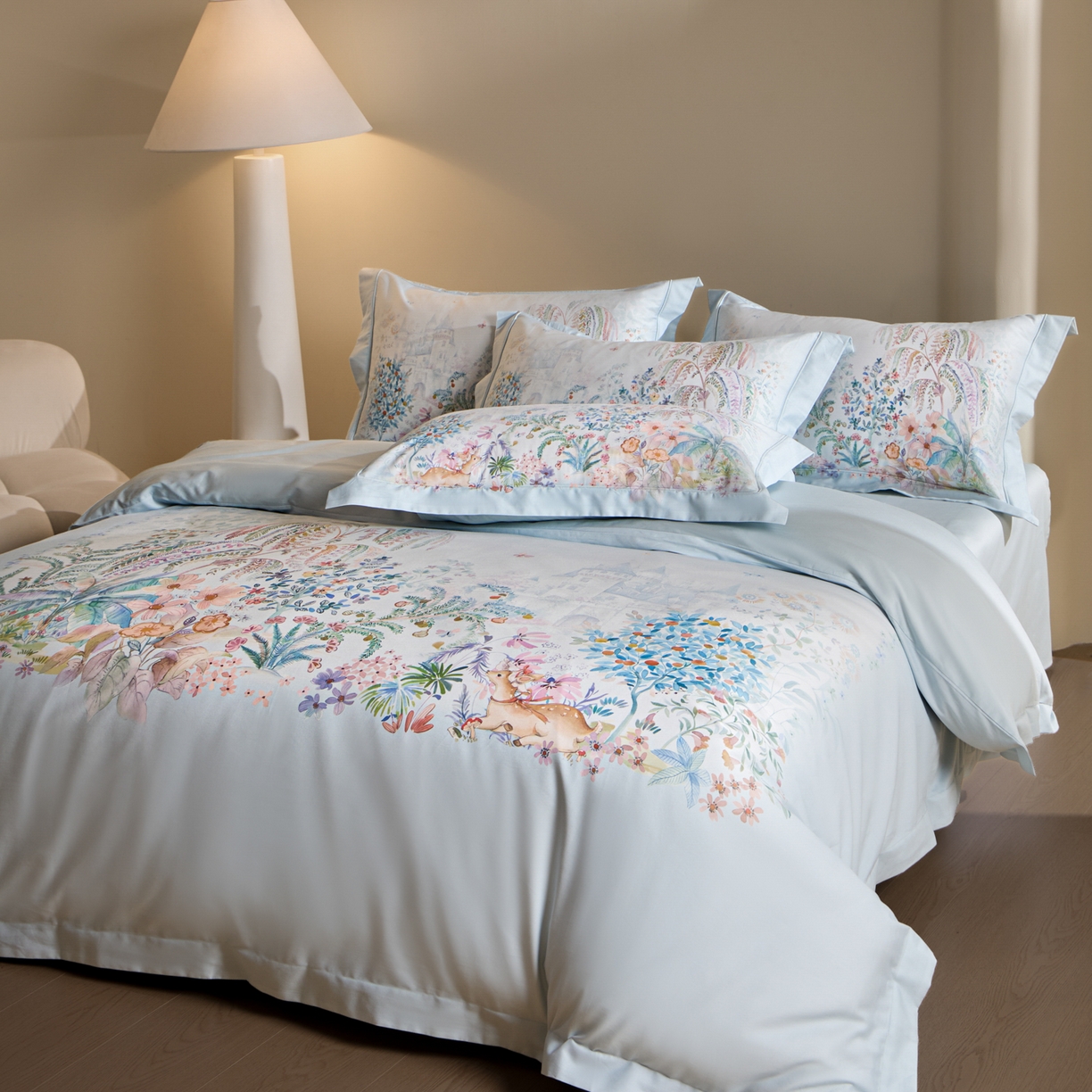 91家纺网 家纺一手货源 找家纺 禾时 2026新款全棉纯棉数码印花埋绳款四件套 春蔓樱（蓝）