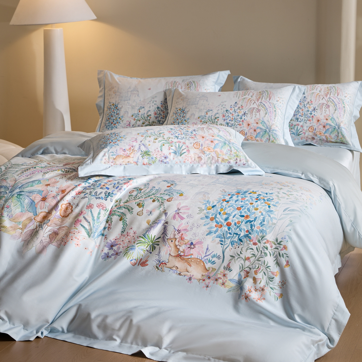 91家纺网 家纺一手货源 找家纺 禾时 2026新款全棉纯棉数码印花埋绳款四件套 春蔓樱（蓝）