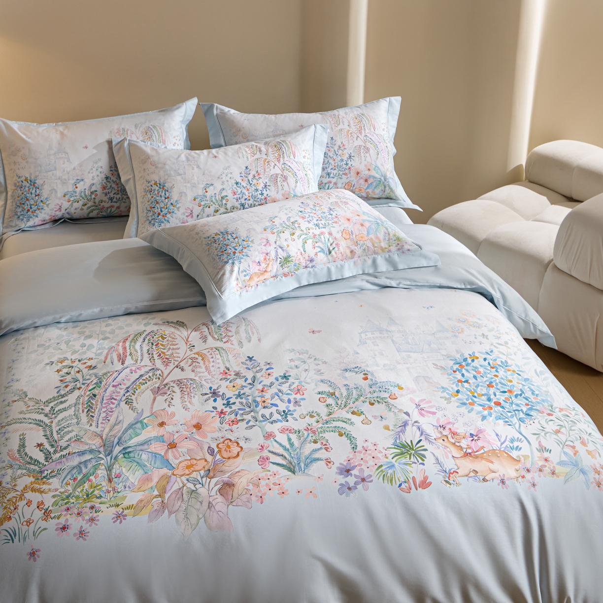 91家纺网 家纺一手货源 找家纺 禾时 2026新款全棉纯棉数码印花埋绳款四件套 春蔓樱（蓝）