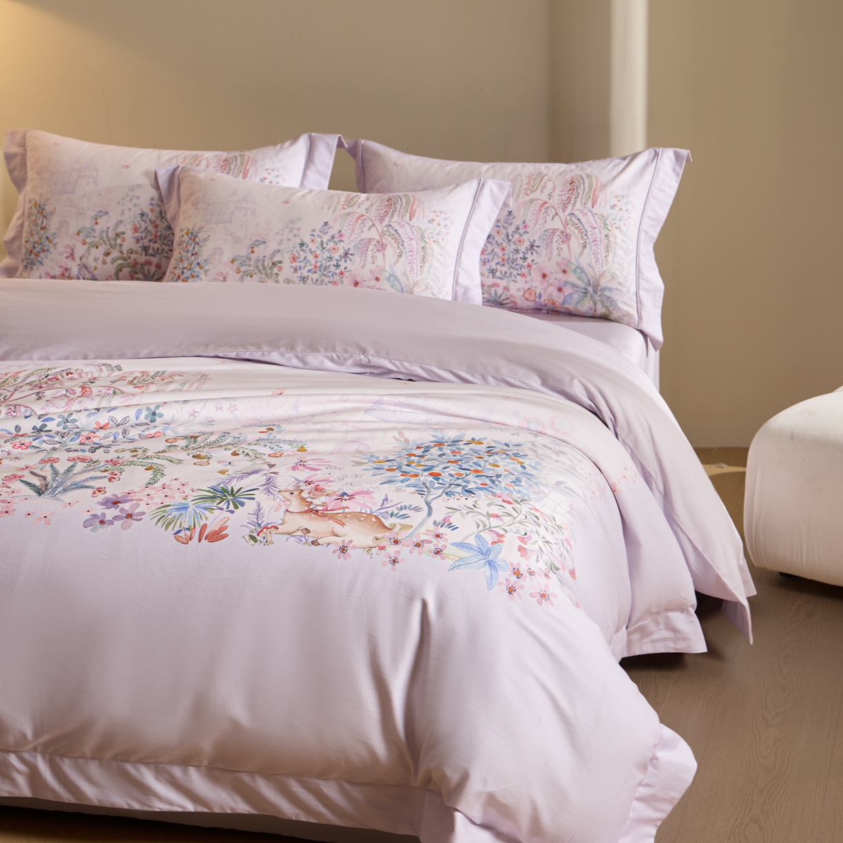 禾时 2026新款全棉纯棉数码印花埋绳款四件套 春蔓樱（紫）