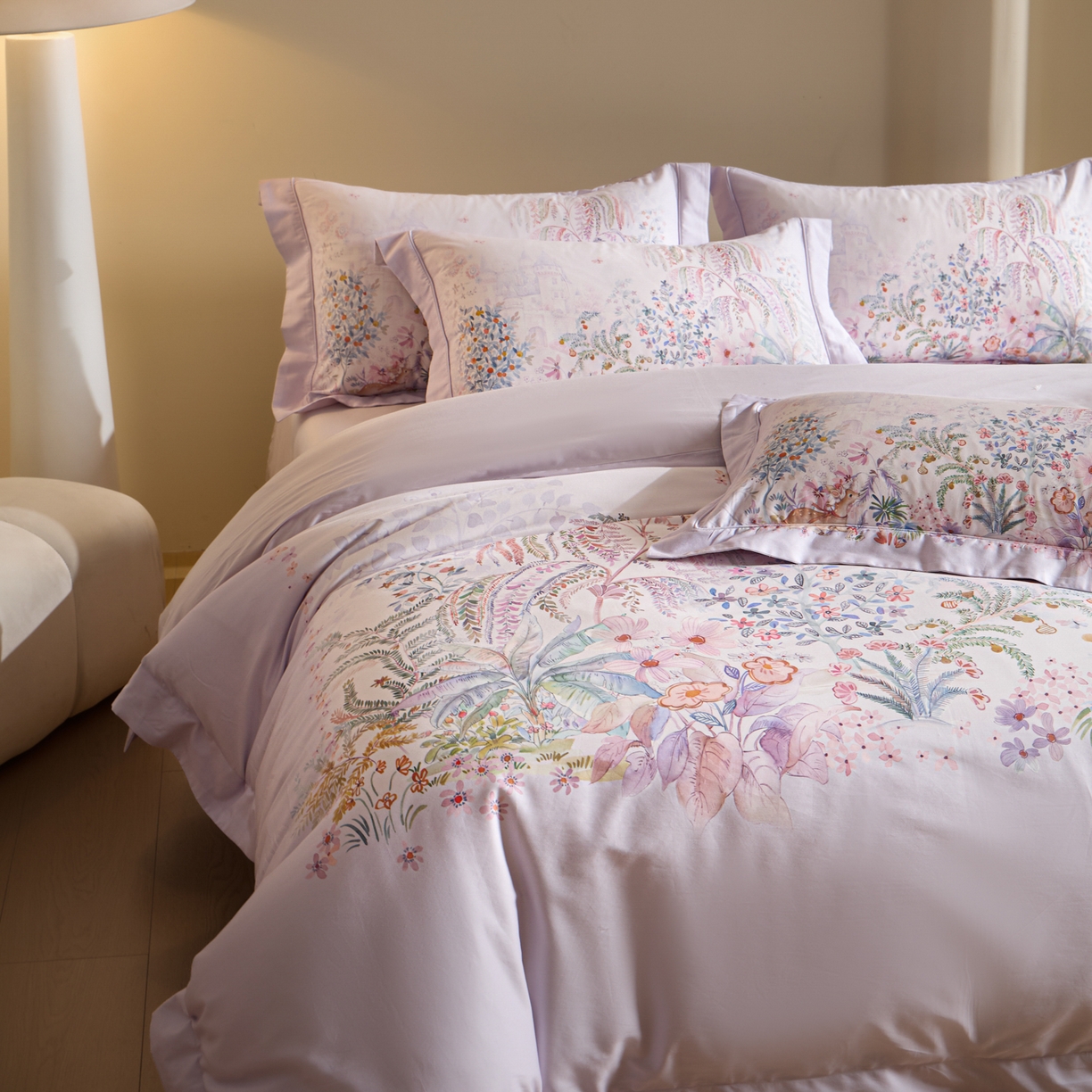 91家纺网 家纺一手货源 找家纺 禾时 2026新款全棉纯棉数码印花埋绳款四件套 春蔓樱（紫）