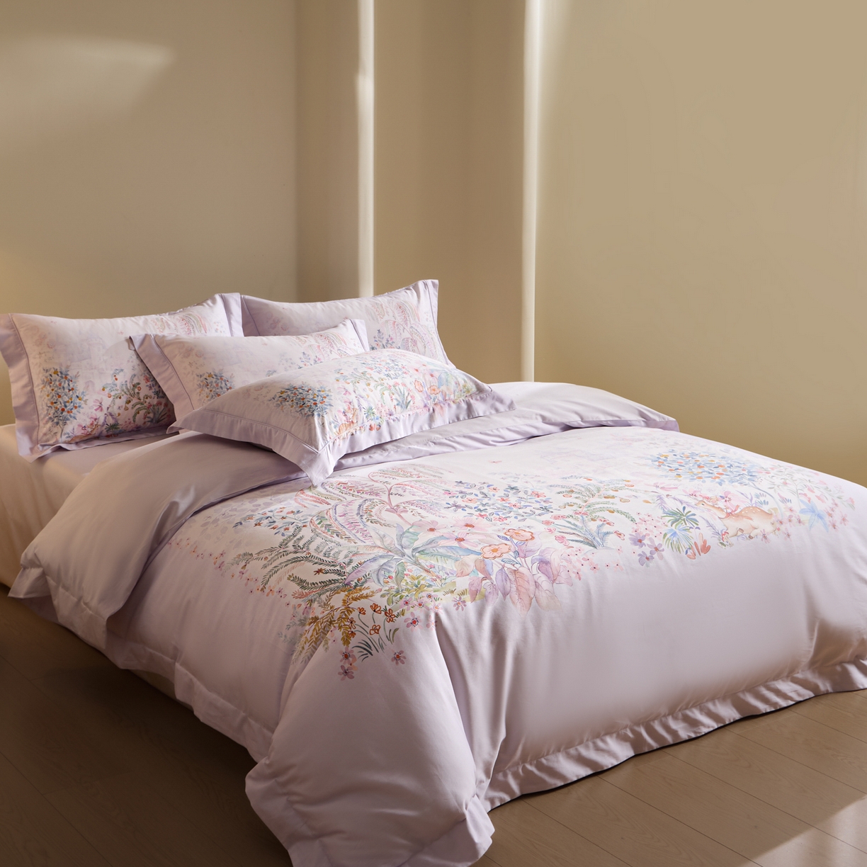 91家纺网 家纺一手货源 找家纺 禾时 2026新款全棉纯棉数码印花埋绳款四件套 春蔓樱（紫）