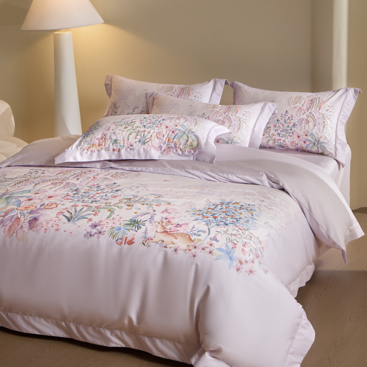 91家纺网 家纺一手货源 找家纺 禾时 2026新款全棉纯棉数码印花埋绳款四件套 春蔓樱（紫）