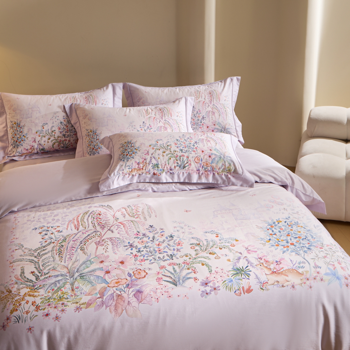 91家纺网 家纺一手货源 找家纺 禾时 2026新款全棉纯棉数码印花埋绳款四件套 春蔓樱（紫）