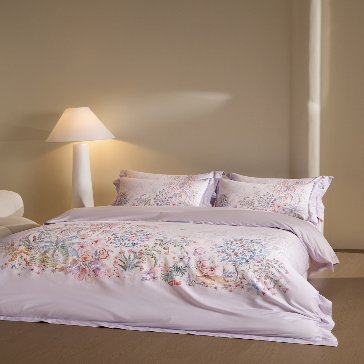 91家纺网 家纺一手货源 找家纺 禾时 2026新款全棉纯棉数码印花埋绳款四件套 春蔓樱（紫）