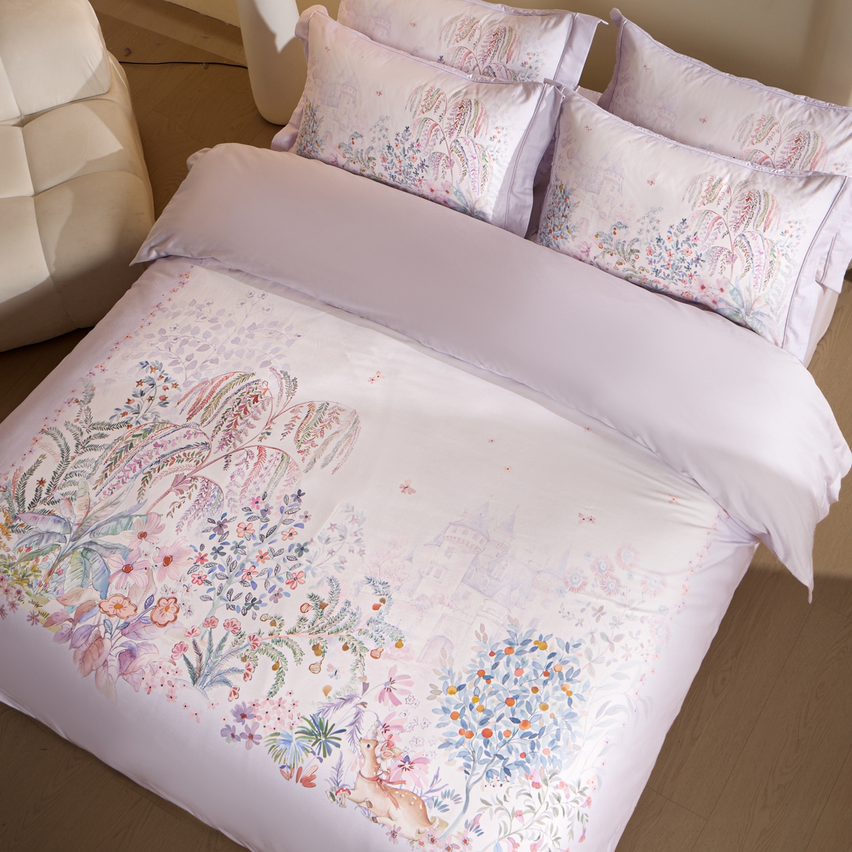 91家纺网 家纺一手货源 找家纺 禾时 2026新款全棉纯棉数码印花埋绳款四件套 春蔓樱（紫）