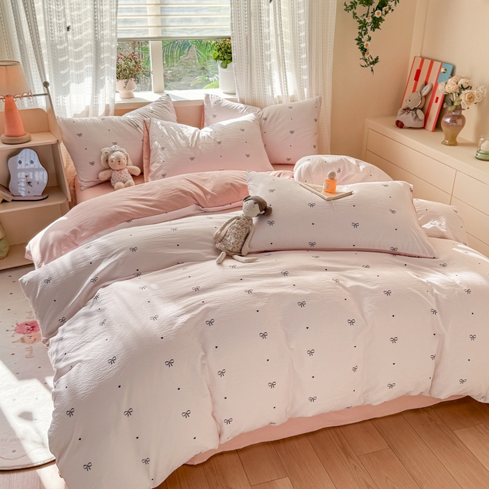 91家纺网 家纺一手货源 找家纺 丽美人家纺 2026新款A类皱皱纱双层印花单被套 BT粉色蝴蝶结