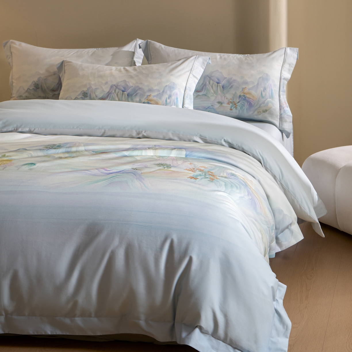 禾时 2026新款全棉纯棉数码印花埋绳款四件套 淡墨春山（绿）