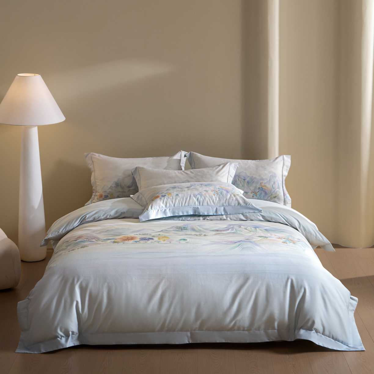 91家纺网 家纺一手货源 找家纺 禾时 2026新款全棉纯棉数码印花埋绳款四件套 淡墨春山（绿）