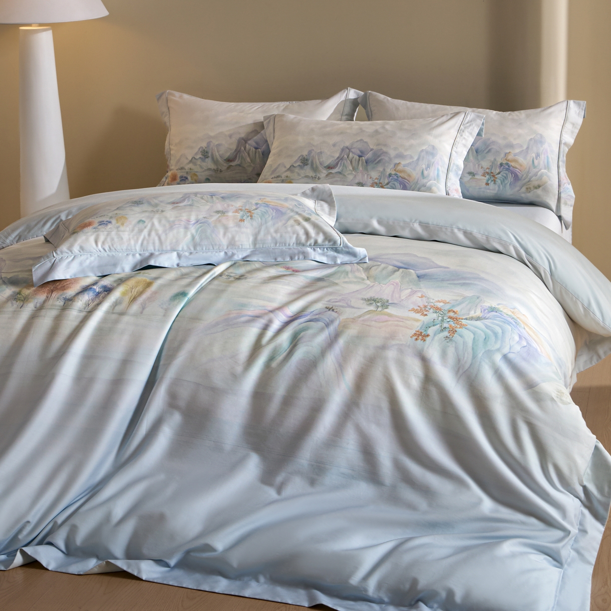 91家纺网 家纺一手货源 找家纺 禾时 2026新款全棉纯棉数码印花埋绳款四件套 淡墨春山（绿）