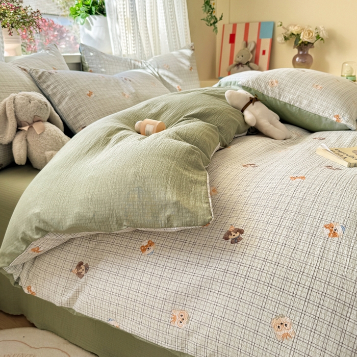 91家纺网 家纺一手货源 找家纺 丽美人家纺 2026新款A类皱皱纱双层印花单被套 BT格仔萌宠