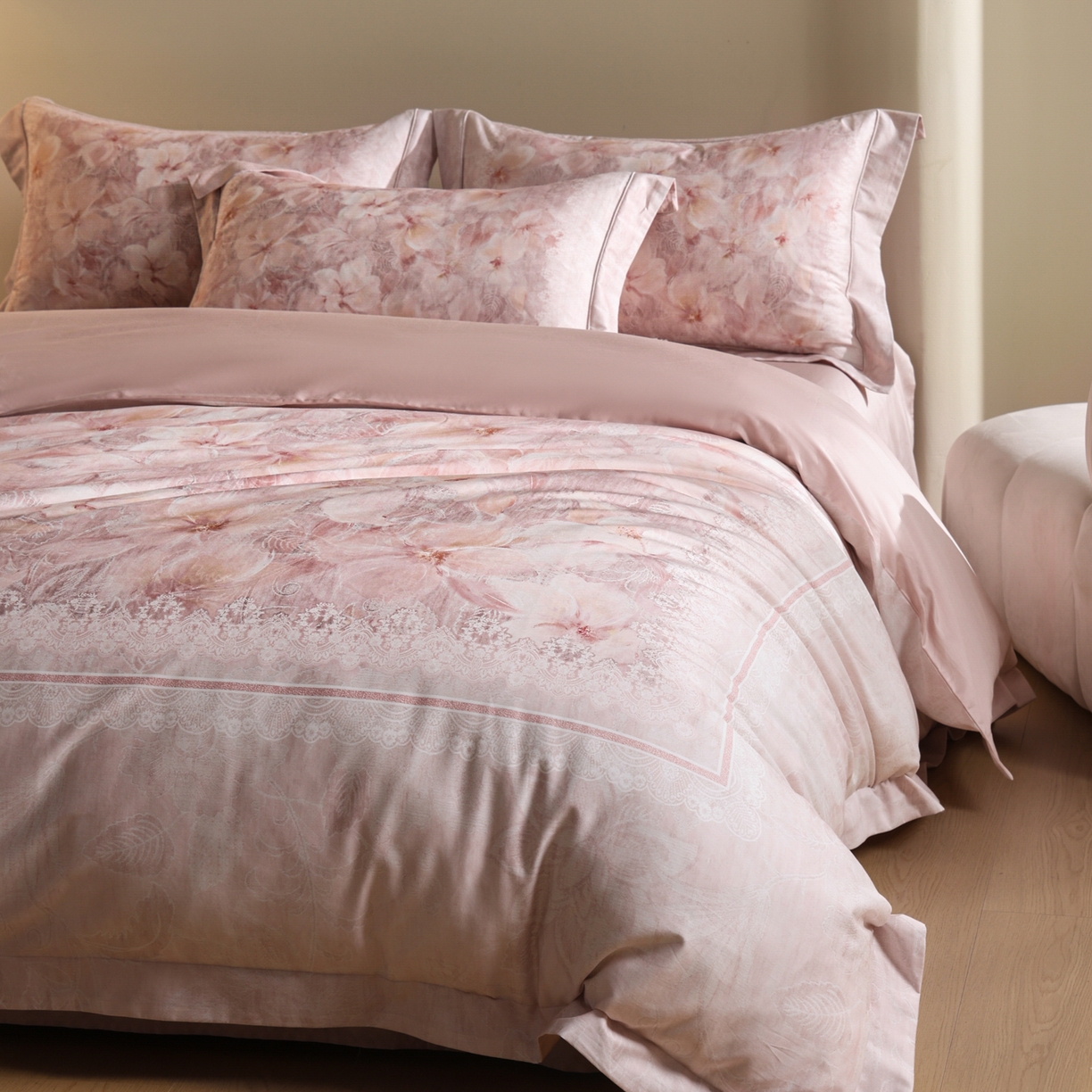 禾时 2026新款全棉纯棉数码印花埋绳款四件套 绯花若梦（粉）